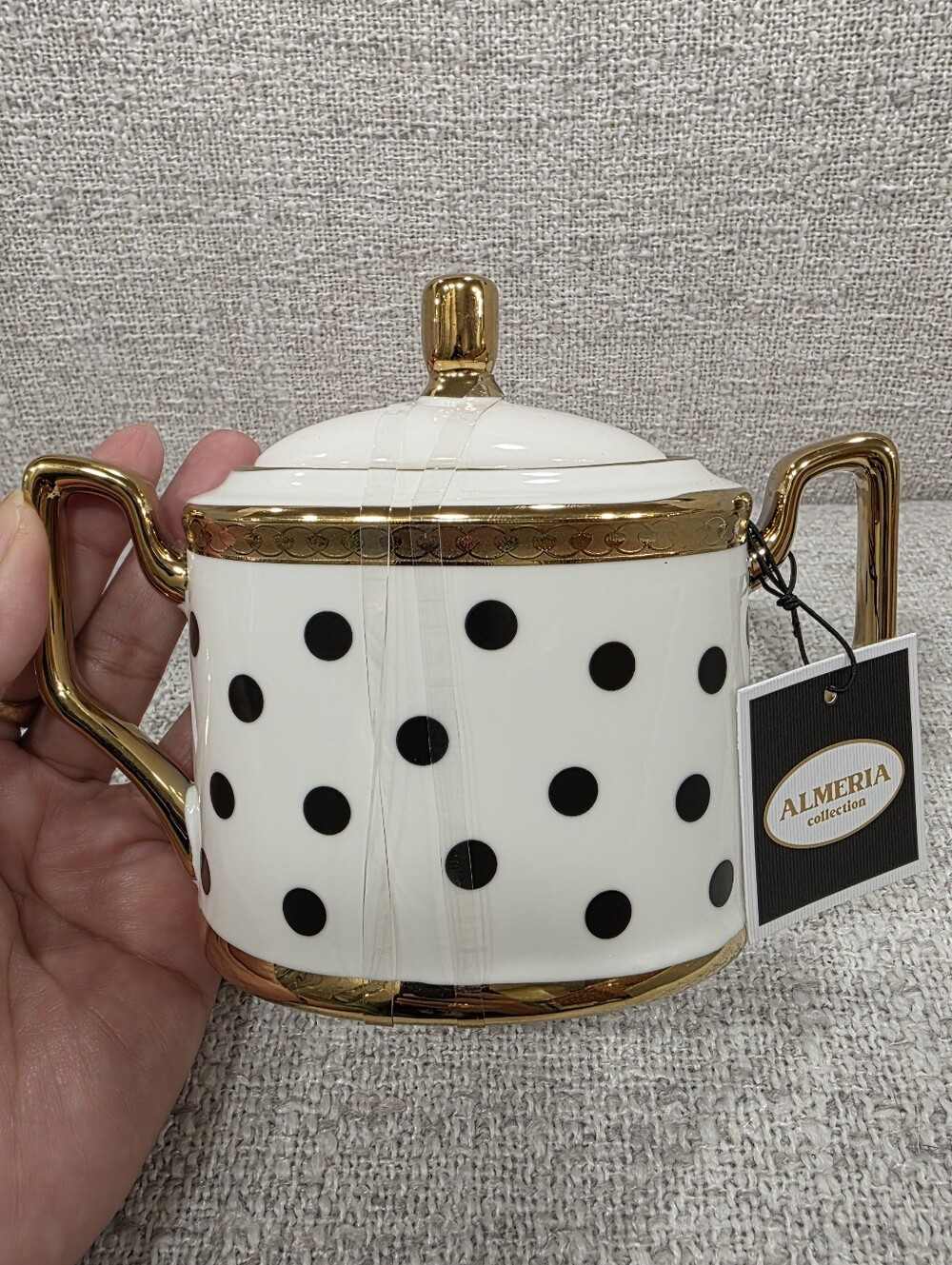White and Black Polka Dot Sugar Bowl with Gold Trim
